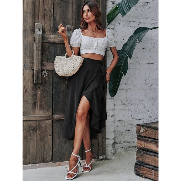 Solid minimalist Wrap Hem Tie Side high low midi skirt - Picture 2 of 11